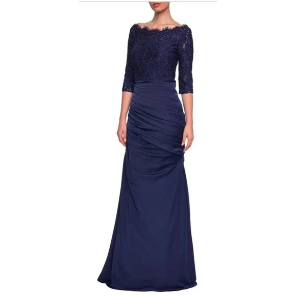 NEW La Femme 24926 Lace and Jersey Trumpet Gown Dress Navy Size 6 - Picture 2 of 13
